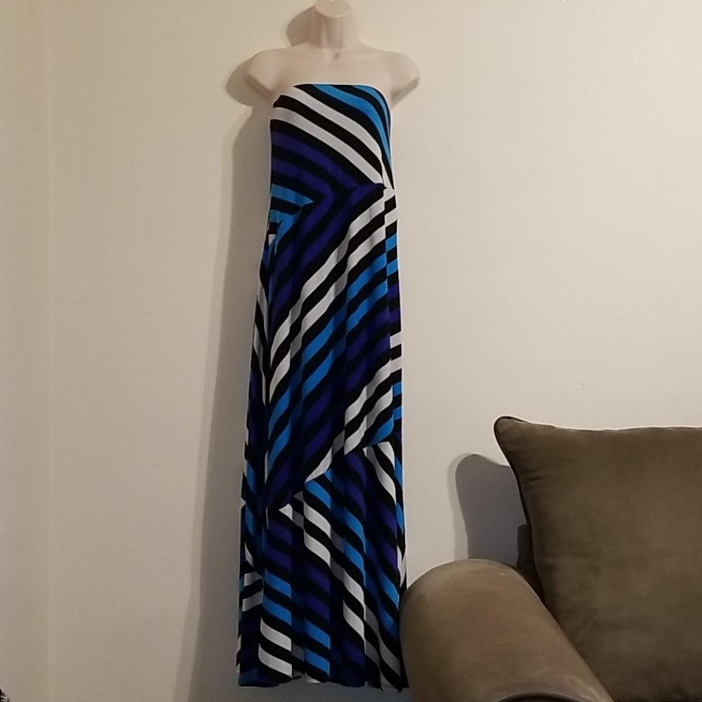 Ashley Stewart women's blue striped tube top dress - Picture 3 of 17